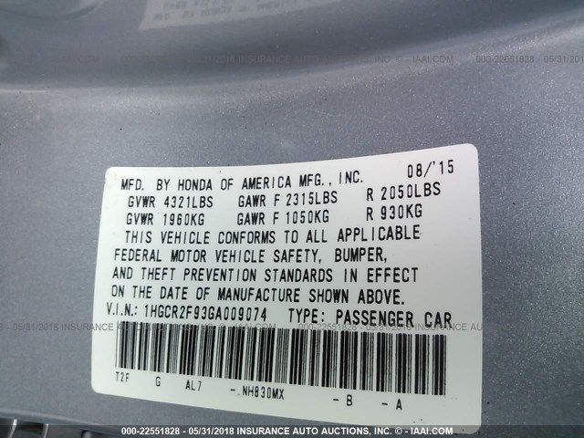 1HGCR2F93GA009074 - 2016 HONDA ACCORD EXL SILVER photo 9