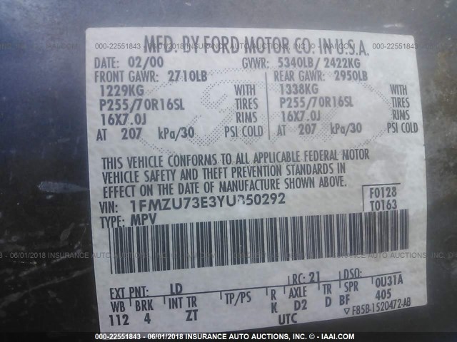 1FMZU73E3YUB50292 - 2000 FORD EXPLORER XLT BLUE photo 9