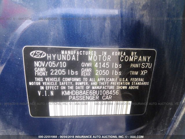 KMHDB8AE6BU108456 - 2011 HYUNDAI ELANTRA TOURING GLS BLUE photo 9