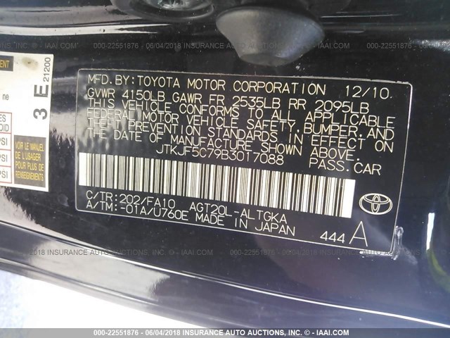 JTKJF5C79B3017088 - 2011 TOYOTA SCION TC 黑色 照片 9