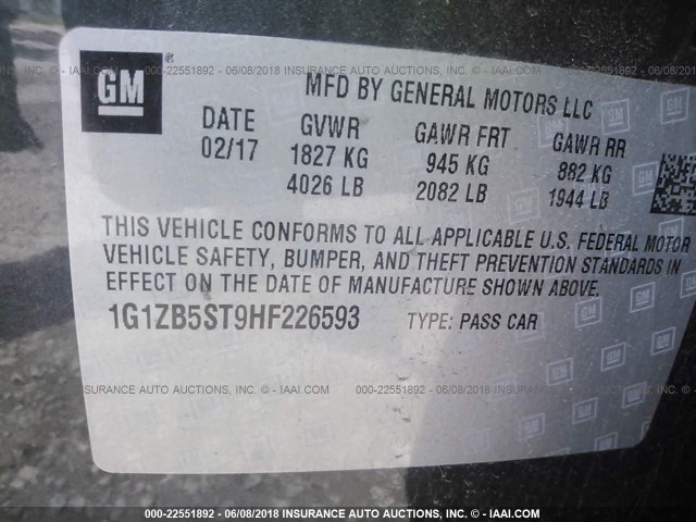 1G1ZB5ST9HF226593 - 2017 CHEVROLET MALIBU LS 灰色 照片 9