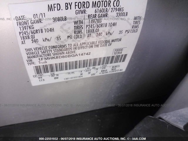 1FMHK8D80BGA14742 - 2011 FORD EXPLORER XLT GRAY photo 9