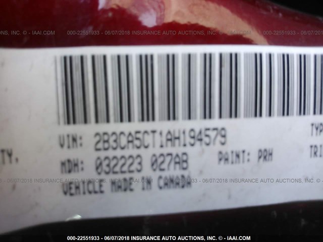 2B3CA5CT1AH194579 - 2010 DODGE CHARGER R/T RED photo 9