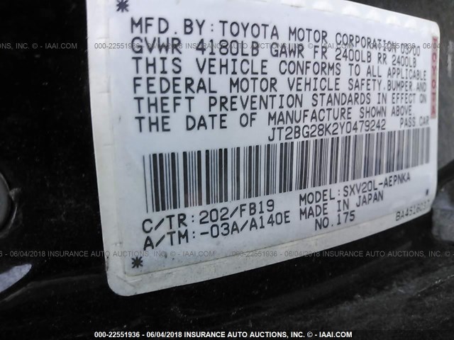 JT2BG28K2Y0479242 - 2000 TOYOTA CAMRY LE/XLE BLACK photo 9