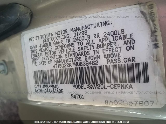 4T1BG22K7WU839462 - 1998 TOYOTA CAMRY CE/LE/XLE GOLD photo 9