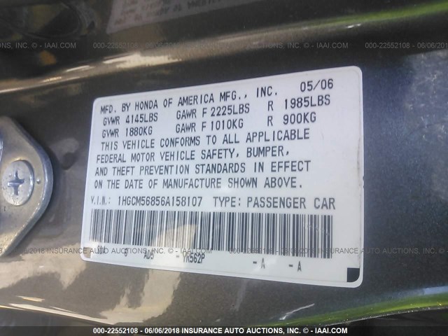 1HGCM56856A158107 - 2006 HONDA ACCORD EX GRAY photo 9