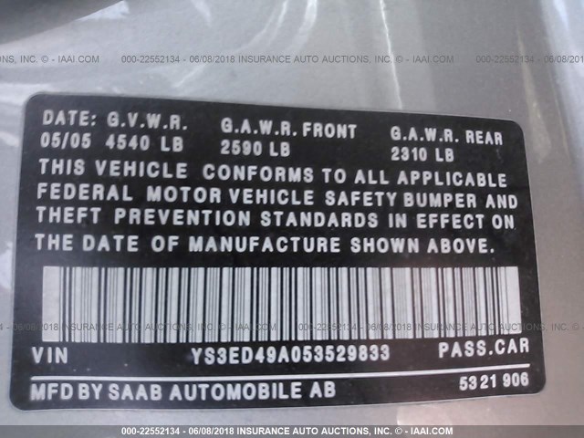 YS3ED49A053529833 - 2005 SAAB 9-5 ARC GRAY photo 9