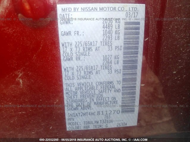 5N1AT2MT4HC811270 - 2017 NISSAN ROGUE S/SL RED photo 9