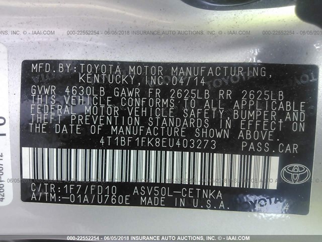 4T1BF1FK8EU403273 - 2014 TOYOTA CAMRY L/SE/LE/XLE 银色 照片 9