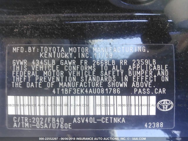 4T1BF3EK4AU081786 - 2010 TOYOTA CAMRY SE/LE/XLE BLACK photo 9
