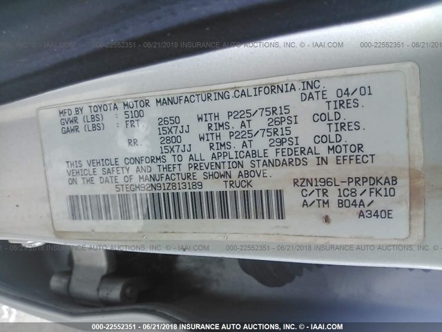 5TEGM92N91Z813189 - 2001 TOYOTA TACOMA DOUBLE CAB PRERUNNER SILVER photo 9