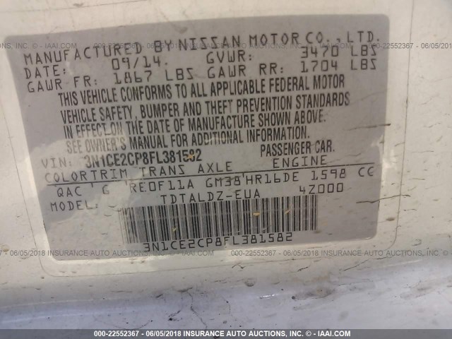 3N1CE2CP8FL381582 - 2015 NISSAN VERSA NOTE S/S PLUS/SV/SL/SR WHITE photo 9