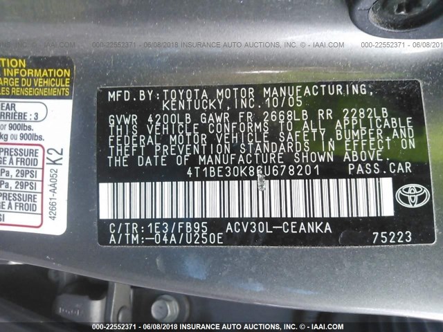 4T1BE30K86U678201 - 2006 TOYOTA CAMRY LE/XLE/SE 灰色 照片 9