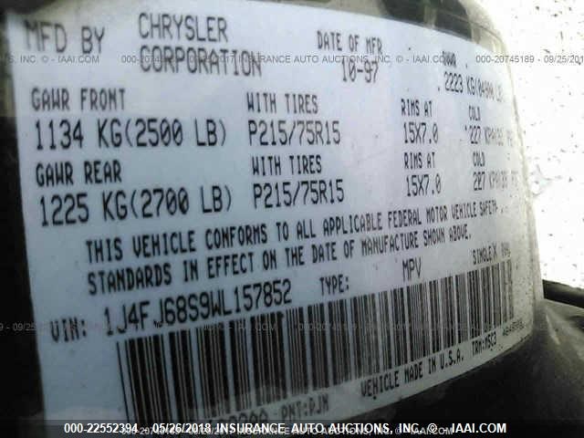 1J4FJ68S9WL157852 - 1998 JEEP CHEROKEE SPORT/CLASSIC Zielony zdjęcie 9