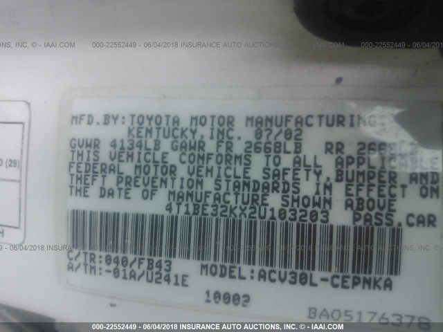 4T1BE32KX2U103203 - 2002 TOYOTA CAMRY LE/XLE/SE 白色 照片 9