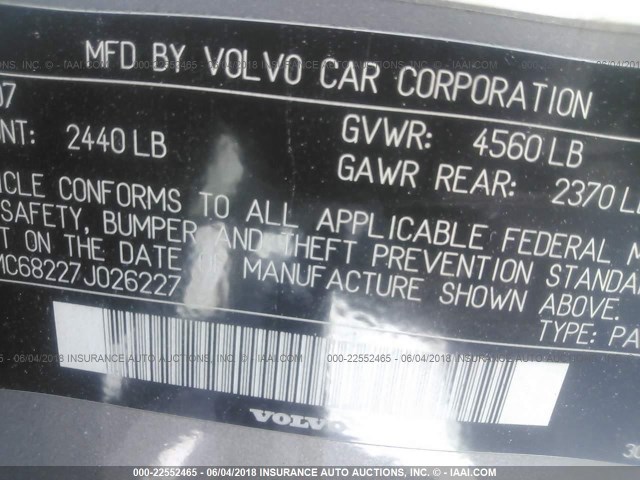 YV1MC68227J026227 - 2007 VOLVO C70 T5 SILVER photo 9