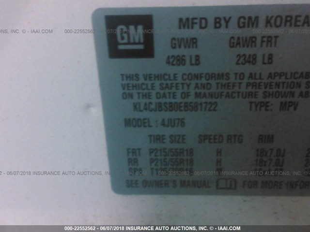 KL4CJBSB0EB581722 - 2014 BUICK ENCORE CONVENIENCE 白色 照片 9