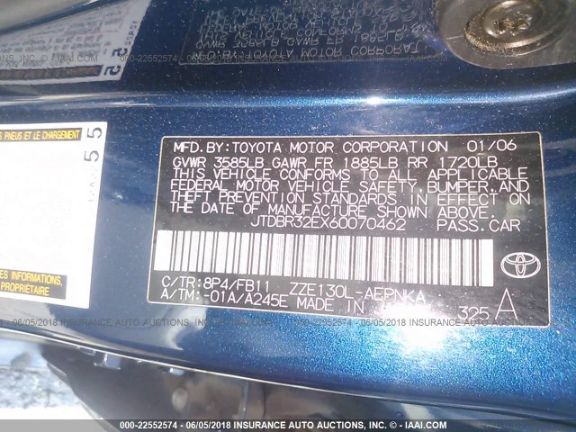 JTDBR32EX60070462 - 2006 TOYOTA COROLLA CE/LE BLUE photo 9