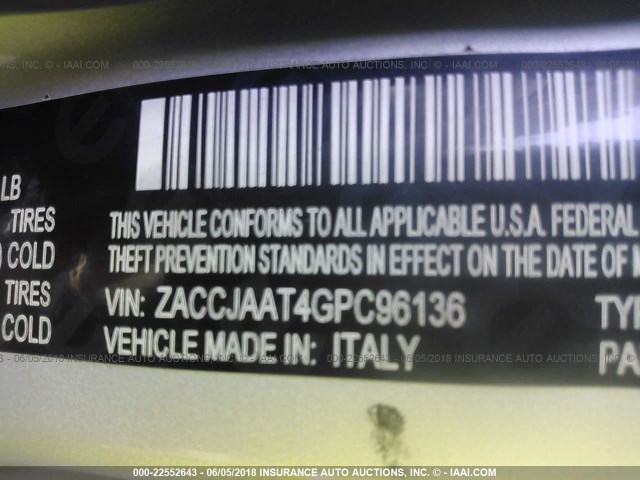 ZACCJAAT4GPC96136 - 2016 JEEP RENEGADE SPORT Մոխրագույն լուսանկար 9