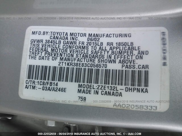 2T1KR38E83C056570 - 2003 TOYOTA COROLLA MATRIX XR SILVER photo 9