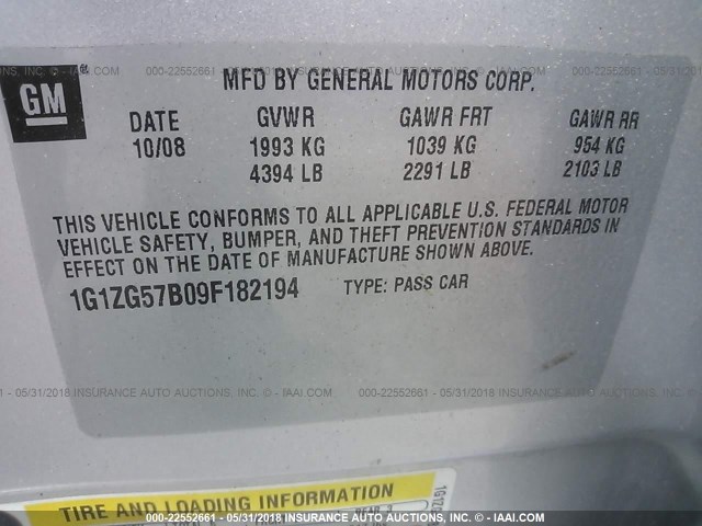 1G1ZG57B09F182194 - 2009 CHEVROLET MALIBU LS 银色 照片 9