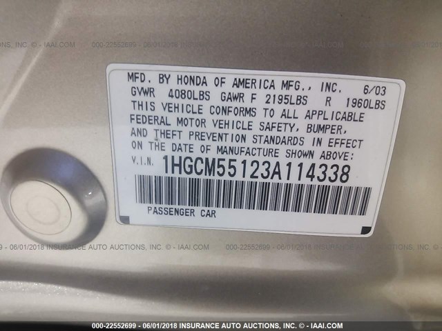 1HGCM55123A114338 - 2003 HONDA ACCORD DX GOLD photo 9