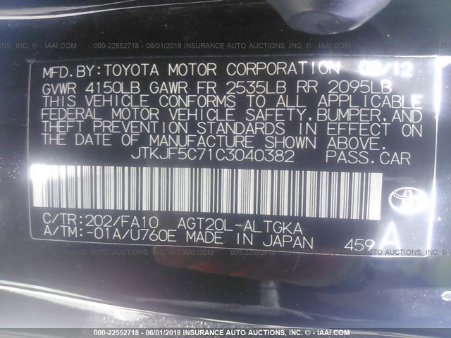 JTKJF5C71C3040382 - 2012 TOYOTA SCION TC BLACK photo 9