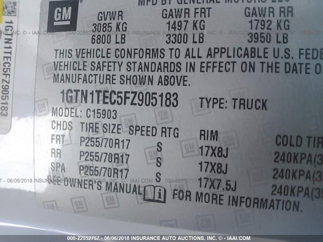 1GTN1TEC5FZ905183 - 2015 GMC SIERRA C1500 WHITE photo 9