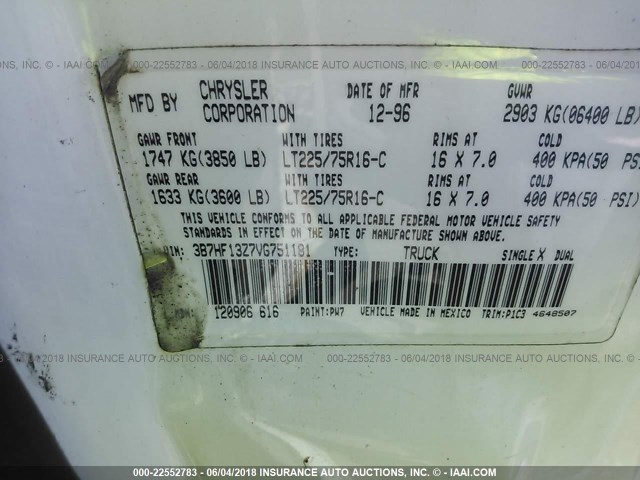 3B7HF13Z7VG751181 - 1997 DODGE RAM 1500 WHITE photo 9