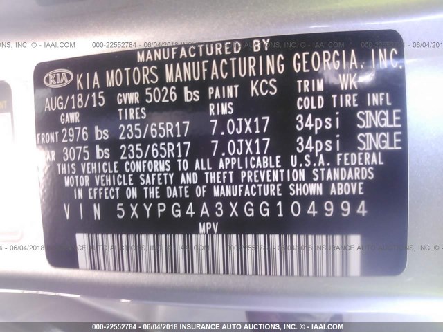 5XYPG4A3XGG104994 - 2016 KIA SORENTO LX/L SILVER photo 9