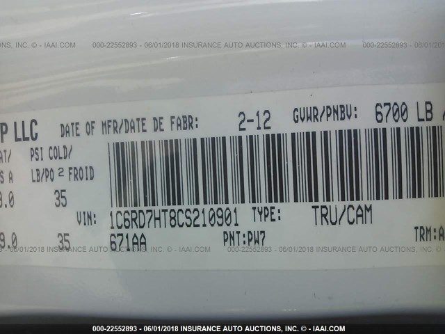 1C6RD7HT8CS210901 - 2012 DODGE RAM 1500 SPORT WHITE photo 9