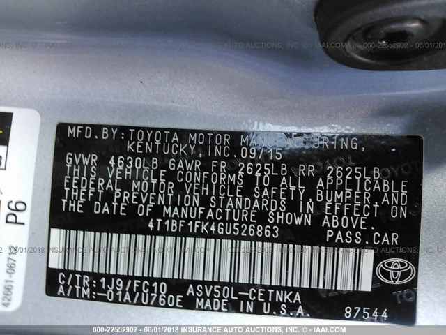 4T1BF1FK4GU526863 - 2016 TOYOTA CAMRY LE/XLE/SE/XSE SILVER photo 9