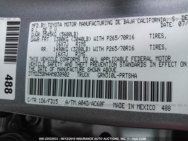 3TMDZ5BN4HM030902 - 2017 TOYOTA TACOMA DBL CAB/SR5/TRD SPORT/OR SILVER photo 9