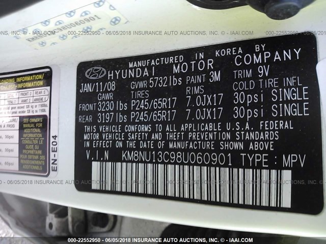 KM8NU13C98U060901 - 2008 HYUNDAI VERACRUZ GLS/SE/LIMITED WHITE photo 9