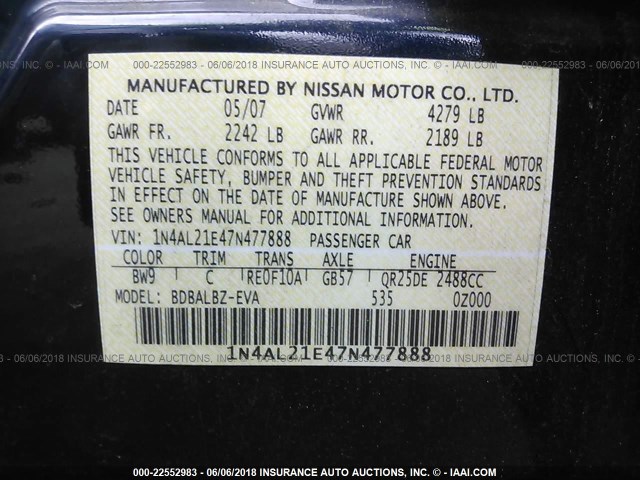 1N4AL21E47N477888 - 2007 NISSAN ALTIMA 2.5/2.5S BLUE photo 9