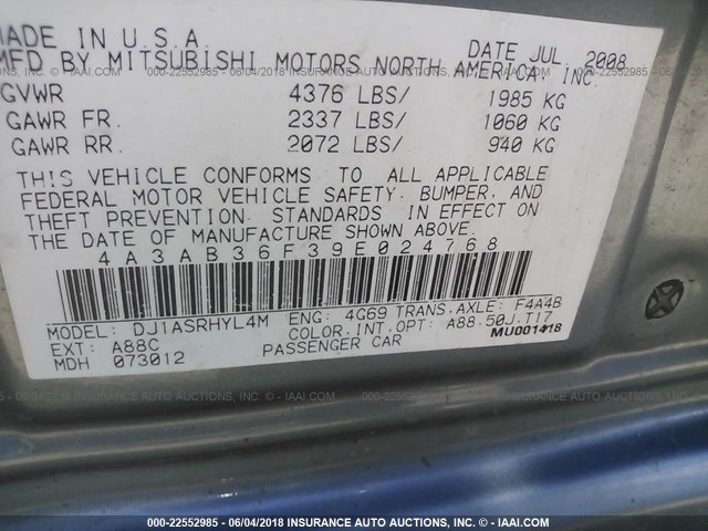 4A3AB36F39E024768 - 2009 MITSUBISHI GALANT ES GRAY photo 9