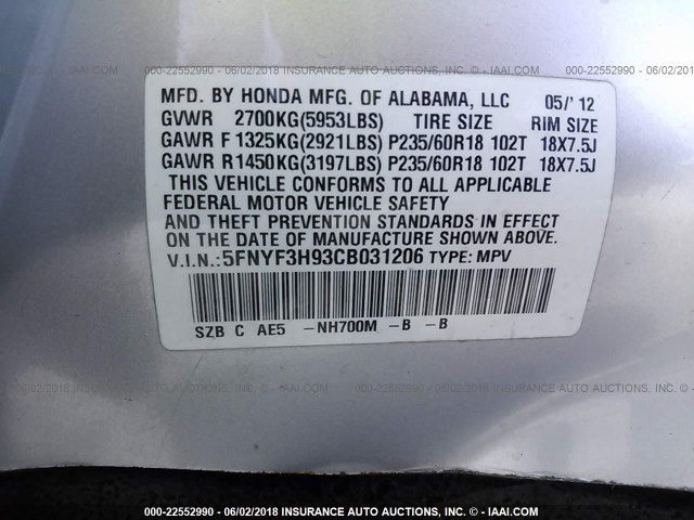 5FNYF3H93CB031206 - 2012 HONDA PILOT TOURING SILVER photo 9