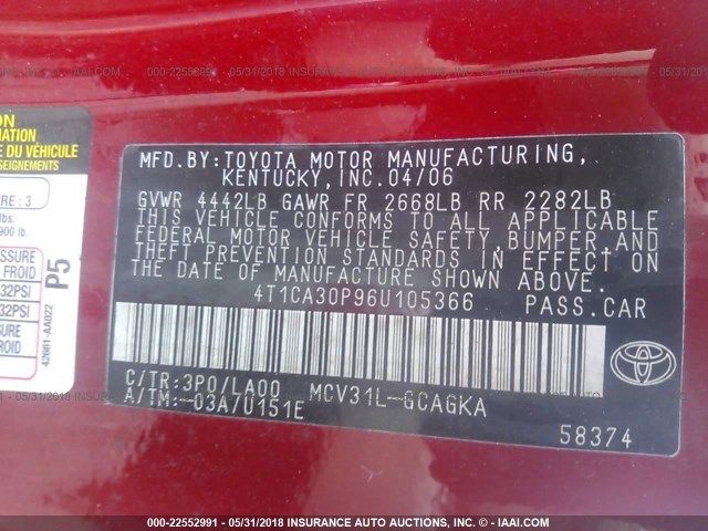 4T1CA30P96U105366 - 2006 TOYOTA CAMRY SOLARA SE/SLE წითელი ფოტო 9