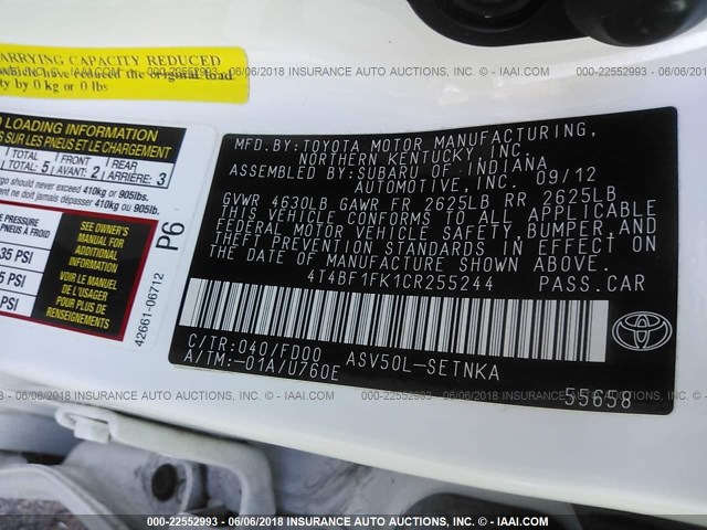 4T4BF1FK1CR255244 - 2012 TOYOTA CAMRY SE/LE/XLE 白色 照片 9