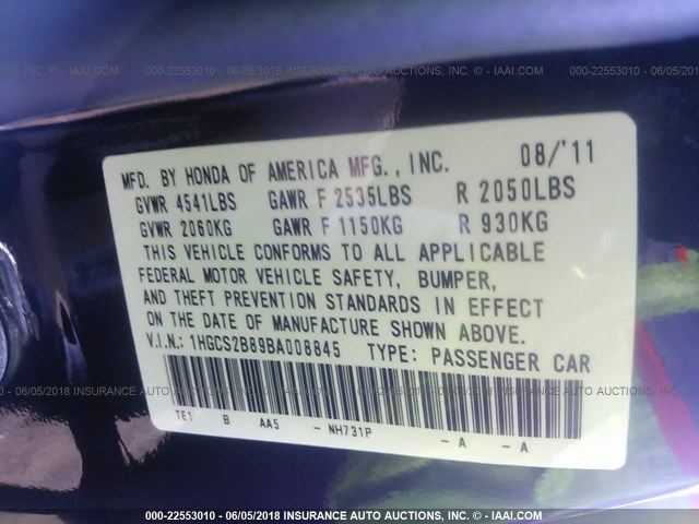 1HGCS2B89BA008845 - 2011 HONDA ACCORD EXL BLACK photo 9