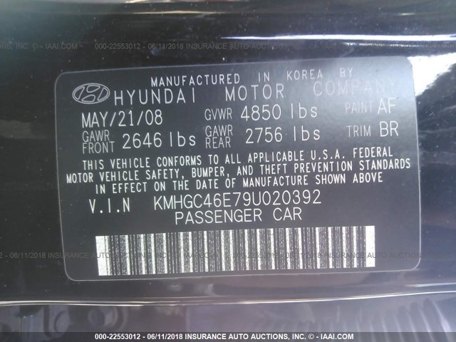 KMHGC46E79U020392 - 2009 HYUNDAI GENESIS 3.8L BLACK photo 9