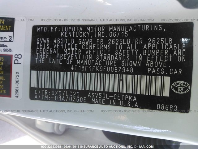 4T1BF1FK9FU087948 - 2015 TOYOTA CAMRY LE/XLE/SE/XSE WHITE photo 9