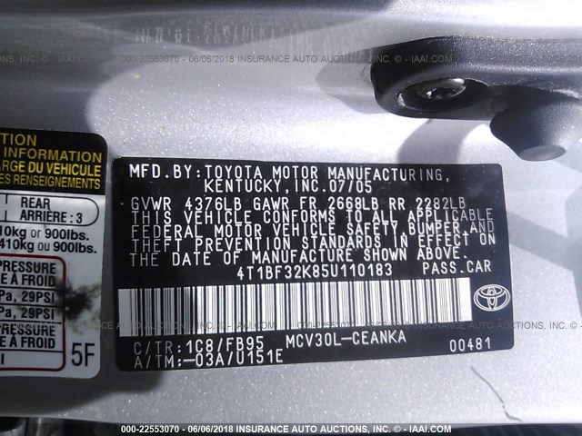 4T1BF32K85U110183 - 2005 TOYOTA CAMRY LE/XLE/SE 灰色 照片 9