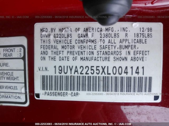 19UYA2255XL004141 - 1999 ACURA 3.0CL RED photo 9