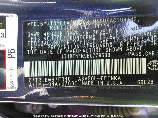 4T1BF1FK9EU778539 - 2014 TOYOTA CAMRY L/SE/LE/XLE მუქი ლურჯი ფოტო 9