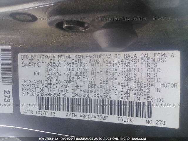 3TMLU42N29M025476 - 2009 TOYOTA TACOMA DOUBLE CAB ნაცრისფერი ფოტო 9