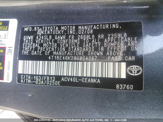 4T1BE46K29U804067 - 2009 TOYOTA CAMRY SE/LE/XLE 灰色 照片 9