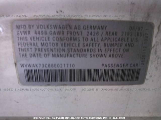 WVWAK73C88E021710 - 2008 VOLKSWAGEN PASSAT KOMFORT WHITE photo 9