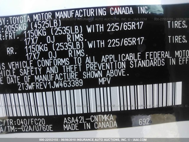 2T3WFREV1JW463389 - 2018 TOYOTA RAV4 ADVENTURE/XLE 白色 照片 9