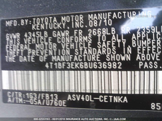4T1BF3EK6BU636982 - 2011 TOYOTA CAMRY SE/LE/XLE GRAY photo 9
